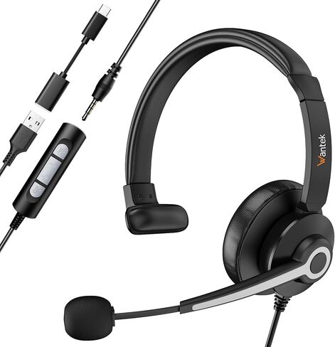 سماعة رأس Wantek مع ميكروفون، سماعة رأس USB مع ميكروفون، سماعة كمبيوتر مع ميكروفون عازل للضوضاء لأجهزة الكمبيوتر المحمول، أدوات التحكم في كتم الصوت، سماعة رأس سلكية للعمل من المنزل/المكتب المفتوح/مركز الاتصال in Kuwait