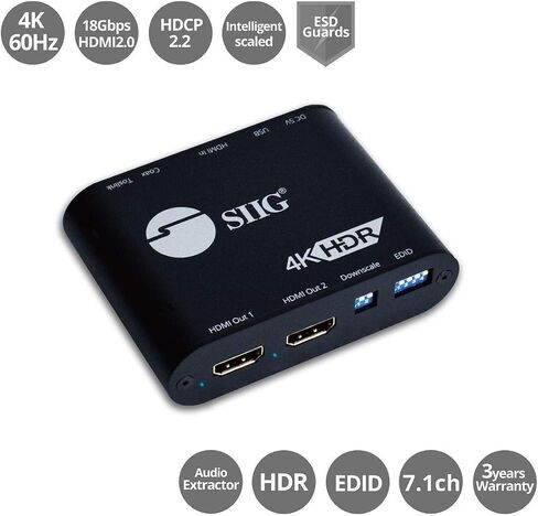 SIIG 1x2 HDMI 2.0 Splitter 4K 60Hz with HDMI Audio Extractor & Auto Downscaling (4K and 1080p Mixed Output) - HDCP 2.2, 3D, EDID, 1 in 2 Out, for Game Xbox PS5 (CE-H24X11-S1) in Saudi Arabia