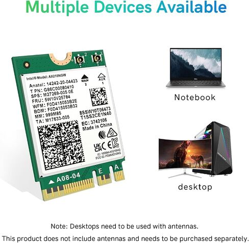 واي فاي 6E AX210NGW بطاقة واي فاي لاسلكية بلوتوث 5.3 محول شبكة داخلي ثلاثي الموجات لأجهزة الكمبيوتر المحمول يدعم ويندوز 10/11 (64 بت) M.2/NGFF in Saudi Arabia