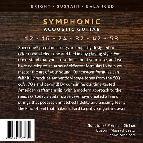 Symphonic, 12-53, Light, Acoustic Guitar Strings, Ultra Phosphor Bronze Wrap, Hand-Wound, Precision Hex Core, Bright, Balanced, Sustain, American Made in Saudi Arabia