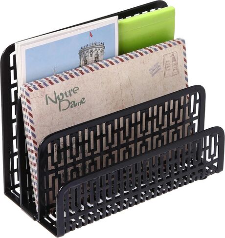 MyGift 3 Slot Black Metal Office Desktop Mail Holder Organizer with Geometric Cut-Out Perforated Design, Desk Letter, Bills and Mail Sorter, Document Tray in Saudi Arabia
