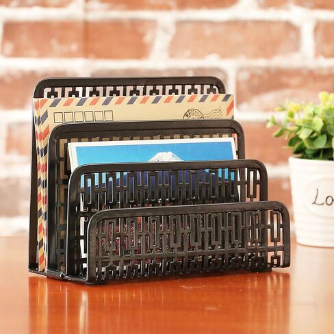 MyGift 3 Slot Black Metal Office Desktop Mail Holder Organizer with Geometric Cut-Out Perforated Design, Desk Letter, Bills and Mail Sorter, Document Tray in Saudi Arabia