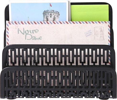 MyGift 3 Slot Black Metal Office Desktop Mail Holder Organizer with Geometric Cut-Out Perforated Design, Desk Letter, Bills and Mail Sorter, Document Tray in Saudi Arabia