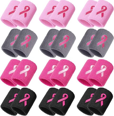 24 Pieces Pink Ribbon Wristbands Breast Cancer Awareness Wristbands Gymnastics Sports Sweat Bands for Wrists Arm Baseball Wristbands for Youth Men Women in Saudi Arabia