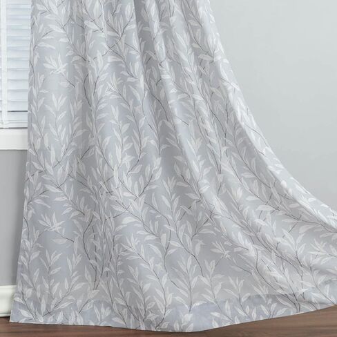 VOGOL 96 Inches Long Sheer Curtains, Green Leaves Printed Rod Pocket Voile Window Curtains, Country Sheer Drapes for Kids Bedroom Office, 2 Panels in Kuwait