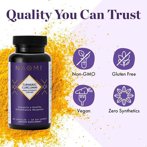 NAOMI الكركم الكركمين عالي الفعالية 1200 مجم، 95% كوركومينويدات ومستخلص الفلفل الأسود بيوبيرين لتعزيز الامتصاص حتى 2000%، مفصل فائق القوة، العضلات، دعم الدماغ، 60 كبسولة، كمية تكفي 30 يومًا in Kuwait