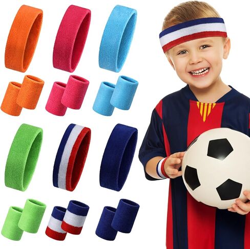 18 Piece Kids Sweatbands Sports Wristbands Headbands Set Colorful Terry Cloth Wristband Sweatband Headbands Sweat Absorbing Head Band for Basketball Soccer Running Outdoor Sports Activities in Saudi Arabia