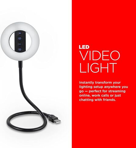 UltraPro LED Selfie Video Ring Light، يعمل بمنفذ USB، سطوع قابل للتعديل، ذراع مرن، ملف تعريف منخفض، بث مباشر، TikTok، يوتيوب، تكبير، مؤتمرات الفيديو، يعمل مع iPhone وAndroid، 60296 in Kuwait