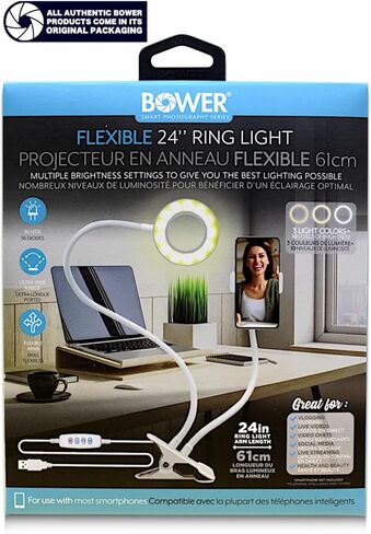 BOWER 24 بوصة مشبك على المكتب - أذرع مرنة، 36 إضاءة LED مع 3 أوضاع إضاءة و10 مستويات سطوع، مشبك عالي التحمل، وحامل هاتف مدمج in Kuwait