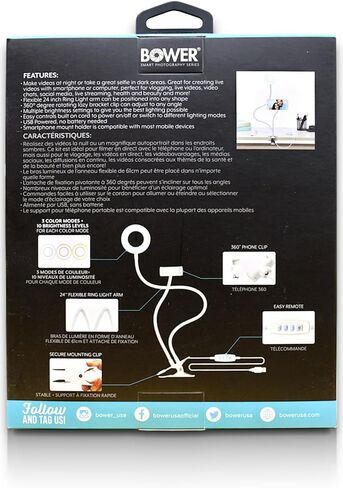 BOWER 24 بوصة مشبك على المكتب - أذرع مرنة، 36 إضاءة LED مع 3 أوضاع إضاءة و10 مستويات سطوع، مشبك عالي التحمل، وحامل هاتف مدمج in Kuwait