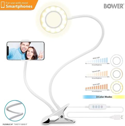 BOWER 24 بوصة مشبك على المكتب - أذرع مرنة، 36 إضاءة LED مع 3 أوضاع إضاءة و10 مستويات سطوع، مشبك عالي التحمل، وحامل هاتف مدمج in Kuwait