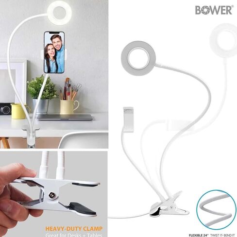 BOWER 24 بوصة مشبك على المكتب - أذرع مرنة، 36 إضاءة LED مع 3 أوضاع إضاءة و10 مستويات سطوع، مشبك عالي التحمل، وحامل هاتف مدمج in Kuwait