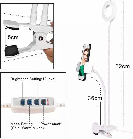 BOWER 24 بوصة مشبك على المكتب - أذرع مرنة، 36 إضاءة LED مع 3 أوضاع إضاءة و10 مستويات سطوع، مشبك عالي التحمل، وحامل هاتف مدمج in Kuwait