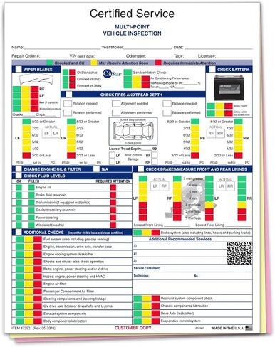 Pack of 250 Sheets GM Multi-Point Vehicle Inspection Report - 3 Part Checklist PER Manufacturer's Recommendation Forms, White with Multi Colored in Saudi Arabia