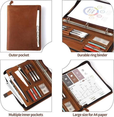 Ringsun Genuine Leather Binder Portfolio, Leather Padfolio Business Portfolio for A4/Pad, Leather Portfolio Folder Organizer, Brown in Saudi Arabia