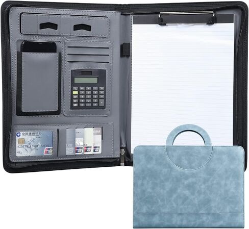 Leather-Portfolio-Folder with Zipper for Women/Men, Business Padfolio with Hidden Handle, 13.5x10.1In Conference Organizer Notepad Folder, Tablet Sleeve, Presentation Slot, Calculator (Browm) in Saudi Arabia