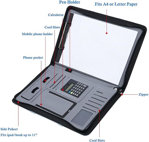 Leather-Portfolio-Folder with Zipper for Women/Men, Business Padfolio with Hidden Handle, 13.5x10.1In Conference Organizer Notepad Folder, Tablet Sleeve, Presentation Slot, Calculator (Browm) in Saudi Arabia