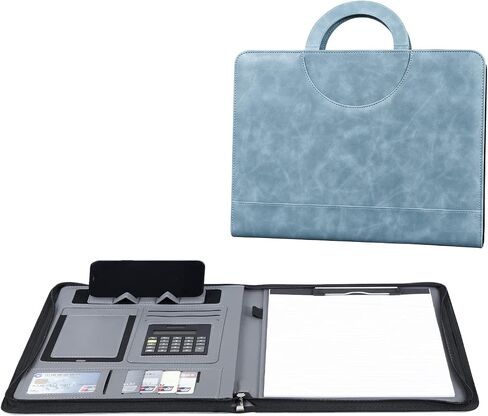 Leather-Portfolio-Folder with Zipper for Women/Men, Business Padfolio with Hidden Handle, 13.5x10.1In Conference Organizer Notepad Folder, Tablet Sleeve, Presentation Slot, Calculator (Browm) in Saudi Arabia