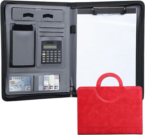 Leather-Portfolio-Folder with Zipper for Women/Men, Business Padfolio with Hidden Handle, 13.5x10.1In Conference Organizer Notepad Folder, Tablet Sleeve, Presentation Slot, Calculator (Browm) in Saudi Arabia