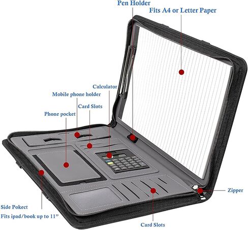 Leather-Portfolio-Folder with Zipper for Women/Men, Business Padfolio with Hidden Handle, 13.5x10.1In Conference Organizer Notepad Folder, Tablet Sleeve, Presentation Slot, Calculator (Browm) in Saudi Arabia