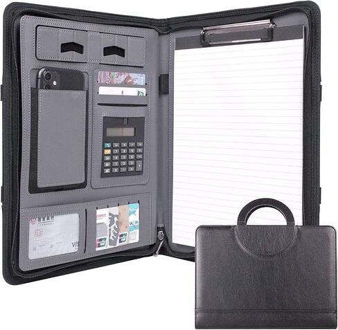 Leather-Portfolio-Folder with Zipper for Women/Men, Business Padfolio with Hidden Handle, 13.5x10.1In Conference Organizer Notepad Folder, Tablet Sleeve, Presentation Slot, Calculator (Browm) in Saudi Arabia