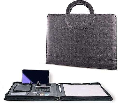 Leather-Portfolio-Folder with Zipper for Women/Men, Business Padfolio with Hidden Handle, 13.5x10.1In Conference Organizer Notepad Folder, Tablet Sleeve, Presentation Slot, Calculator (Browm) in Saudi Arabia
