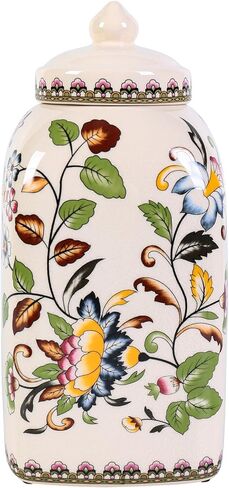 Floral Pattern Ceramic Ginger Jar with Lid Vintage Flower Design Sophisticated Vessel Canister for Kitchen Counter Countertop Home Dining Living Room Decor Indoor Showcase Decoration in Kuwait