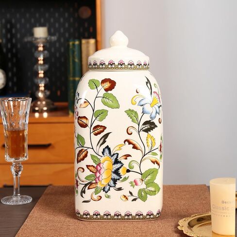 Floral Pattern Ceramic Ginger Jar with Lid Vintage Flower Design Sophisticated Vessel Canister for Kitchen Counter Countertop Home Dining Living Room Decor Indoor Showcase Decoration in Kuwait