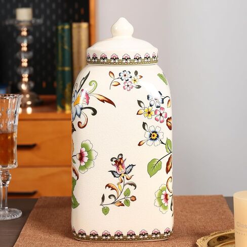 Floral Pattern Ceramic Ginger Jar with Lid Vintage Flower Design Sophisticated Vessel Canister for Kitchen Counter Countertop Home Dining Living Room Decor Indoor Showcase Decoration in Kuwait