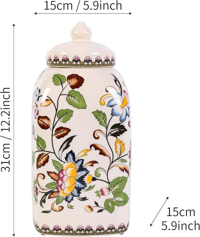 Floral Pattern Ceramic Ginger Jar with Lid Vintage Flower Design Sophisticated Vessel Canister for Kitchen Counter Countertop Home Dining Living Room Decor Indoor Showcase Decoration in Kuwait