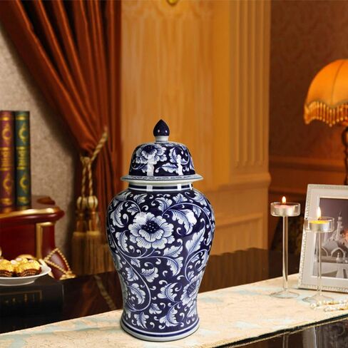 برطمان الزنجبيل بتصميم الأزهار من Benjara مع غطاء، أزرق وأبيض in Saudi Arabia