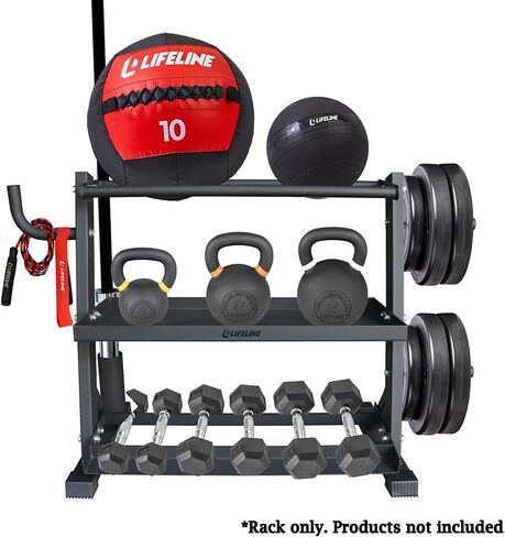Lifeline Fitness Home Gym 3-Shelf Dumbbell and Kettlebell Storage Rack with Rope and Band Hook - Holds up to 440 LBS - Robust Gym Equipment Storage Solution in Saudi Arabia