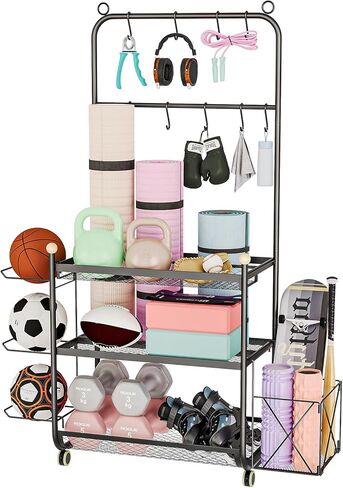 رف الدمبل، حامل الأثقال لتخزين الدمبل، تخزين الصالة الرياضية المنزلية للدمبل كيتل بيلز، سجادة اليوغا والكرات، معدات تمرين متعددة الوظائف، منظم رف الصالة الرياضية مع عجلات وخطافات in Kuwait