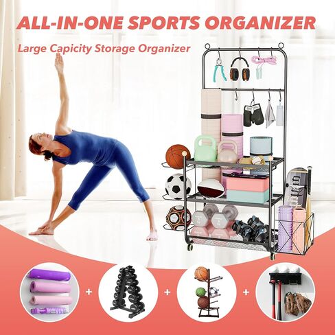 رف الدمبل، حامل الأثقال لتخزين الدمبل، تخزين الصالة الرياضية المنزلية للدمبل كيتل بيلز، سجادة اليوغا والكرات، معدات تمرين متعددة الوظائف، منظم رف الصالة الرياضية مع عجلات وخطافات in Kuwait