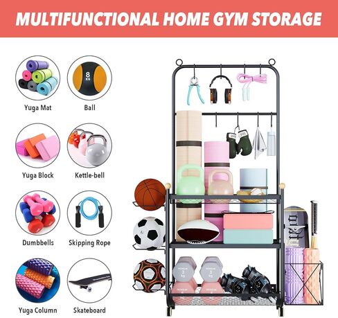 رف الدمبل، حامل الأثقال لتخزين الدمبل، تخزين الصالة الرياضية المنزلية للدمبل كيتل بيلز، سجادة اليوغا والكرات، معدات تمرين متعددة الوظائف، منظم رف الصالة الرياضية مع عجلات وخطافات in Kuwait