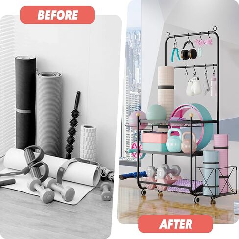 رف الدمبل، حامل الأثقال لتخزين الدمبل، تخزين الصالة الرياضية المنزلية للدمبل كيتل بيلز، سجادة اليوغا والكرات، معدات تمرين متعددة الوظائف، منظم رف الصالة الرياضية مع عجلات وخطافات in Kuwait