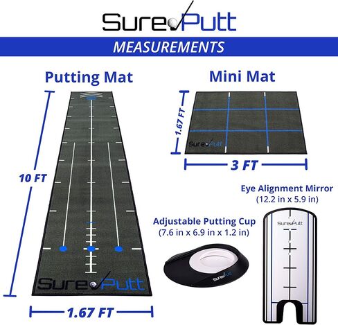 SurePutt Golf Putting Mat Indoor | Premium Practice Chipping and Putting Green | Eye Alignment Mirror and Putting Cup Included | Complete Short Game Improvement System |Approx 10ft x 1.7ft in Saudi Arabia