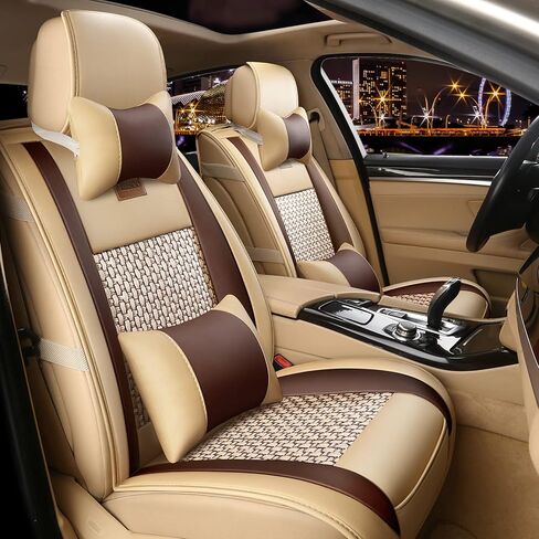 FREESOO Car Seat Cover, Leather Seat Covers Full Set Classic Breathable Padded Automotive Seat Protector Most Sedan SUV Truck Universal with Pillows (Khaki Black) in Kuwait