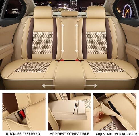 FREESOO Car Seat Cover, Leather Seat Covers Full Set Classic Breathable Padded Automotive Seat Protector Most Sedan SUV Truck Universal with Pillows (Khaki Black) in Kuwait