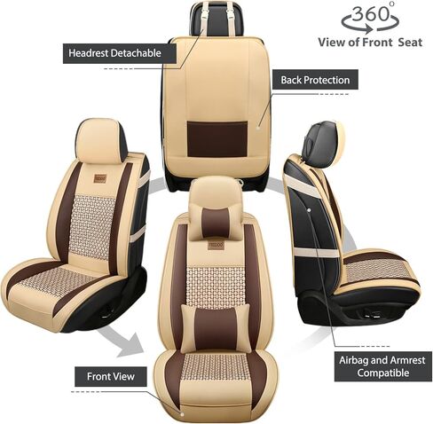 FREESOO Car Seat Cover, Leather Seat Covers Full Set Classic Breathable Padded Automotive Seat Protector Most Sedan SUV Truck Universal with Pillows (Khaki Black) in Kuwait