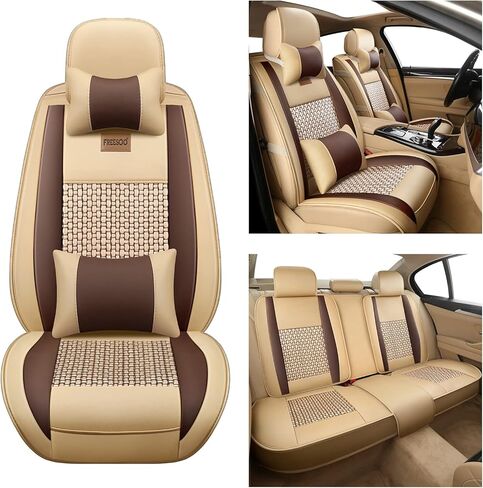 FREESOO Car Seat Cover, Leather Seat Covers Full Set Classic Breathable Padded Automotive Seat Protector Most Sedan SUV Truck Universal with Pillows (Khaki Black) in Kuwait