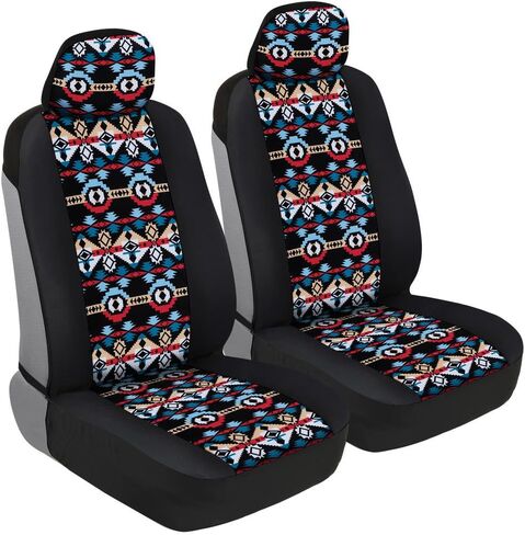 BDK Blue Aztec Car Seat Covers for Front Seats, 2 Pack – Geometric Print Front Seat Cover Set with Matching Headrest, Sideless Design for Easy Installation, Universal Fit for Car Truck Van and SUV in Saudi Arabia