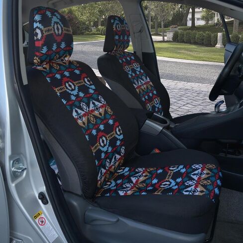 BDK Blue Aztec Car Seat Covers for Front Seats, 2 Pack – Geometric Print Front Seat Cover Set with Matching Headrest, Sideless Design for Easy Installation, Universal Fit for Car Truck Van and SUV in Saudi Arabia