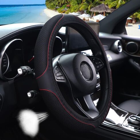 Breathable Stretch Elastic Steering Wheel Cover, Cool in Summer and Warm in Winter, Soft Microfiber Ice Silk Cloth Fabric, Universal 14.5-15 in, Fit Suvs, Vans, Sedans, Cars, Trucks - Black in Saudi Arabia