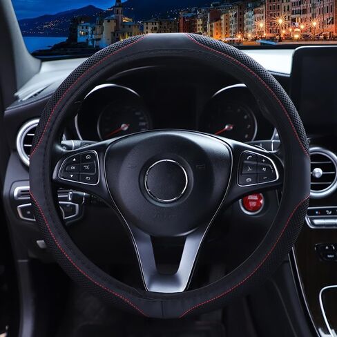 Breathable Stretch Elastic Steering Wheel Cover, Cool in Summer and Warm in Winter, Soft Microfiber Ice Silk Cloth Fabric, Universal 14.5-15 in, Fit Suvs, Vans, Sedans, Cars, Trucks - Black in Saudi Arabia