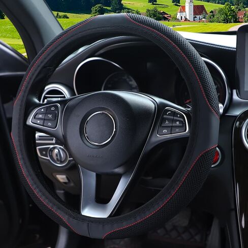 Breathable Stretch Elastic Steering Wheel Cover, Cool in Summer and Warm in Winter, Soft Microfiber Ice Silk Cloth Fabric, Universal 14.5-15 in, Fit Suvs, Vans, Sedans, Cars, Trucks - Black in Saudi Arabia