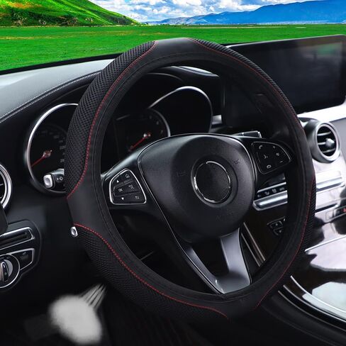 Breathable Stretch Elastic Steering Wheel Cover, Cool in Summer and Warm in Winter, Soft Microfiber Ice Silk Cloth Fabric, Universal 14.5-15 in, Fit Suvs, Vans, Sedans, Cars, Trucks - Black in Saudi Arabia
