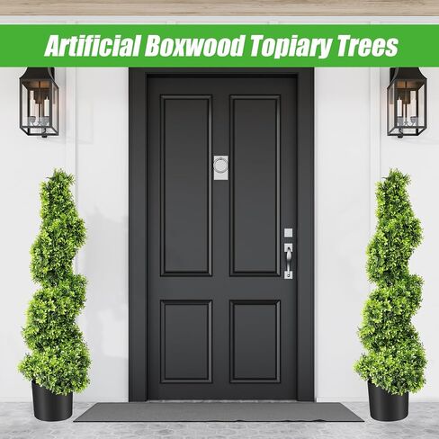 2 Pieces Artificial Boxwood Topiary Trees Fake Spiral Plants Faux Green Topiary Plants in Plastic Pot for Front Porch Indoor Outdoor Decorations (2 Pieces) in Saudi Arabia