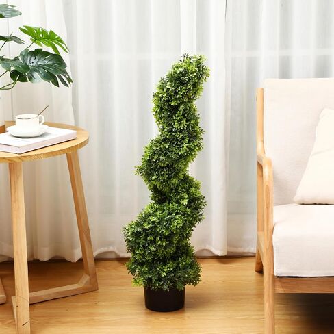 2 Pieces Artificial Boxwood Topiary Trees Fake Spiral Plants Faux Green Topiary Plants in Plastic Pot for Front Porch Indoor Outdoor Decorations (2 Pieces) in Saudi Arabia