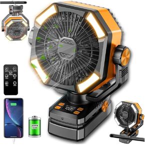 Portable Rechargeable Clip on Fan for Camping,20000mAh Battery Operated Powered Powered Fan with LED Light and Hanging Hook for Tents,Cordless Desk Fan with Remote
